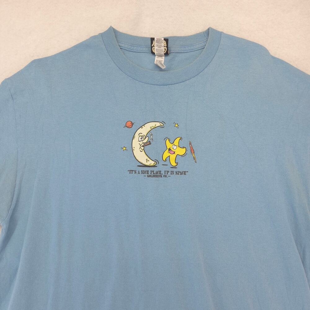 Gold Brick Its a Nice Place Up in Space Crew Neck Shirt Mens Size XL Blue